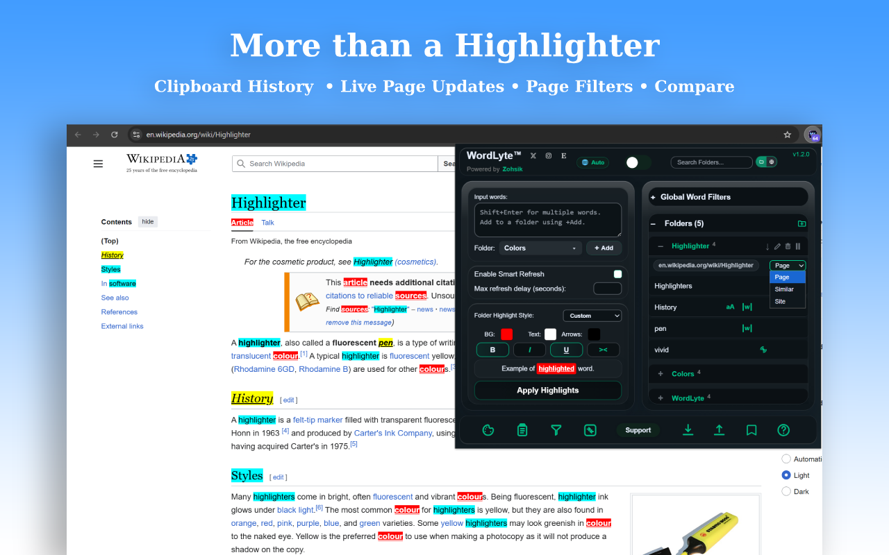wordlyte screenshot showing highlighted keywords and folders