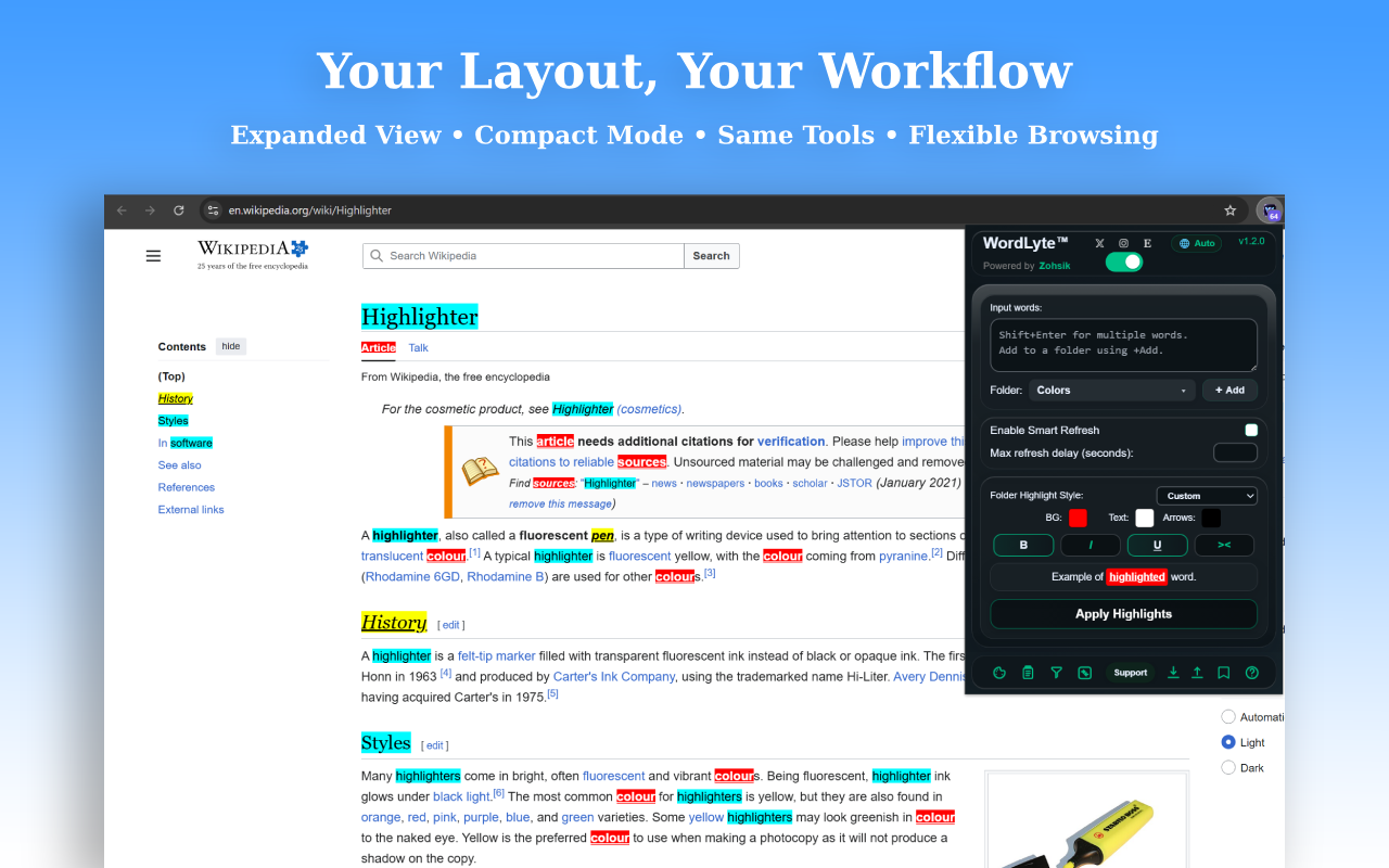 wordlyte screenshot showing expanded and compact layouts
